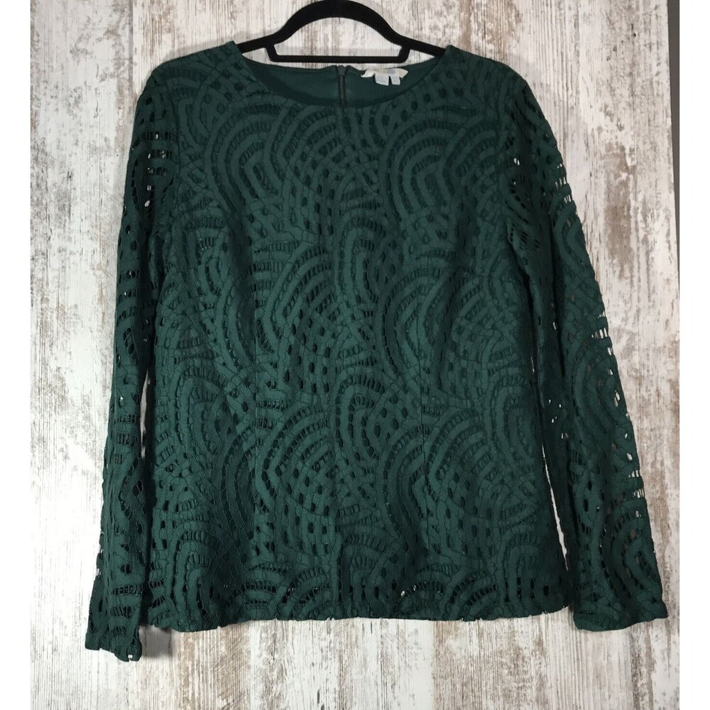 Boden Blouse Top Womens US6 Green Lace Sheer Long Sleeve Party Holidays WO122